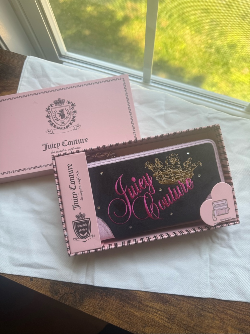Juicy Couture Black Wallet with Pink Logo and Gold Crown